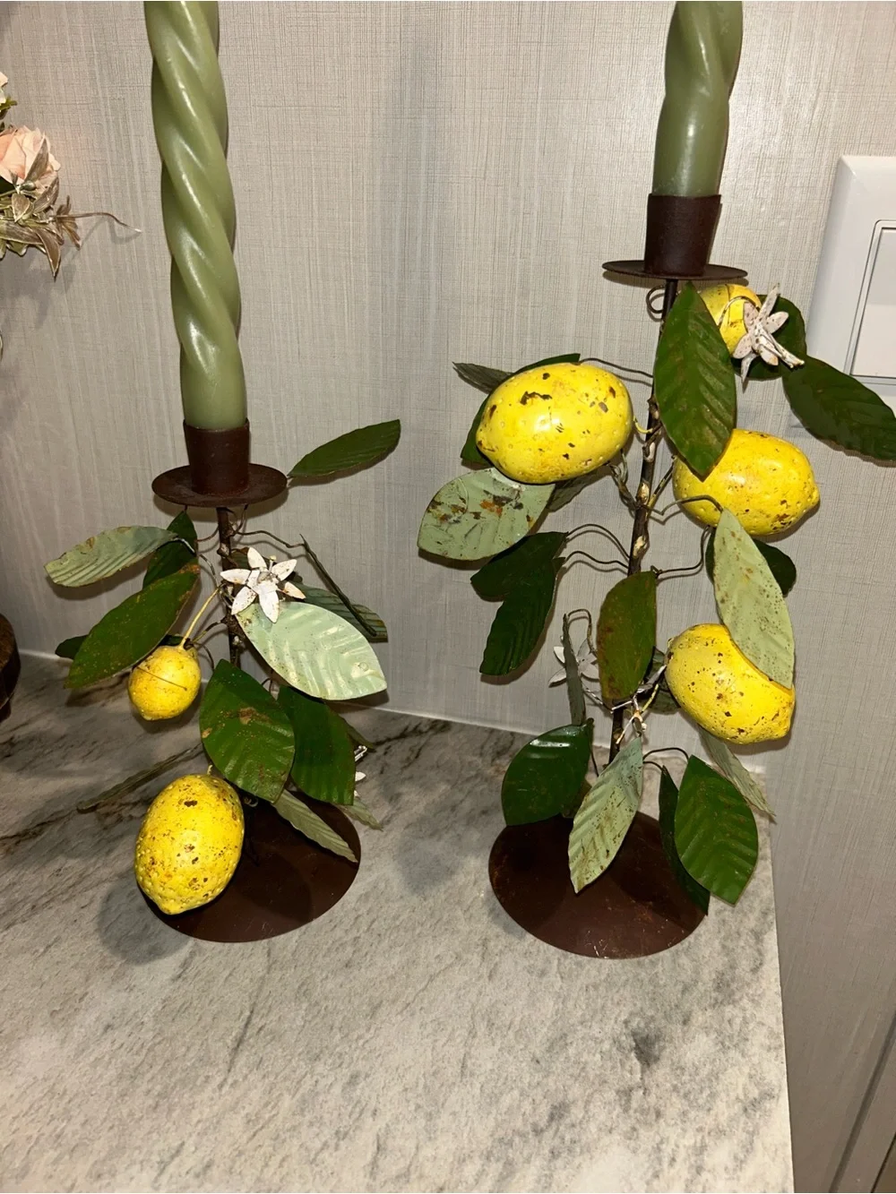 Olive Green Twisted Taper Candle Pair with Lemon Accent Lantern Holders